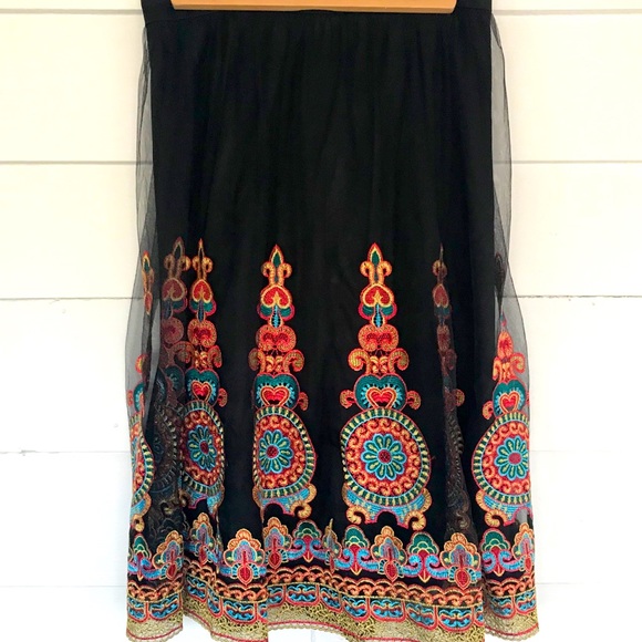 Colorful Embroidered Midi Skirt Sz L - Picture 1 of 4
